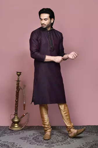 Wine woven cotton silk kurta pajama