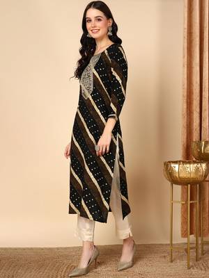 women black viscose rayon leheriya embroidered straight kurta 3