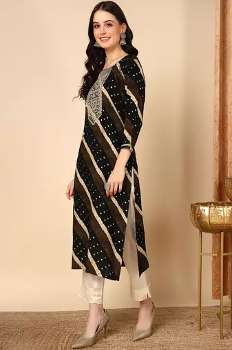 women black viscose rayon leheriya embroidered straight kurta