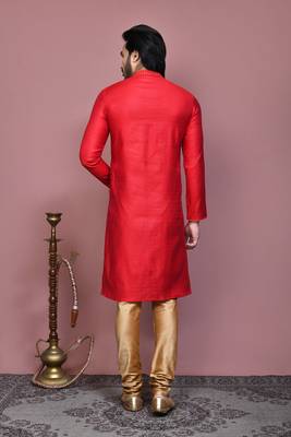 Red woven cotton silk kurta pajama 3