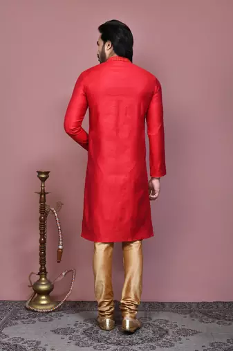 Red woven cotton silk kurta pajama