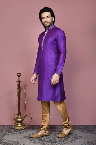 Purple woven cotton silk kurta pajama