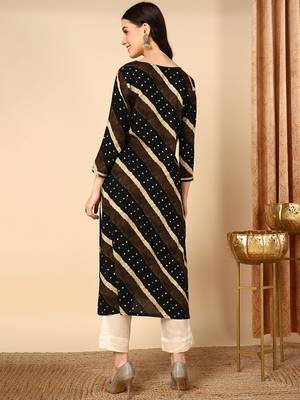 women black viscose rayon leheriya embroidered straight kurta 4
