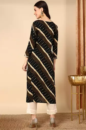 women black viscose rayon leheriya embroidered straight kurta