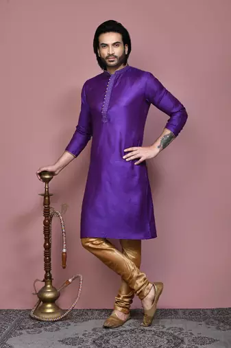 Purple woven cotton silk kurta pajama