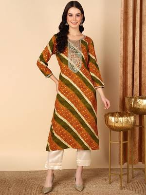 women mustard viscose rayon leheriya embroidered straight kurta 1