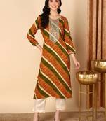 women mustard viscose rayon leheriya embroidered straight kurta