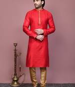 Red woven cotton silk kurta pajama