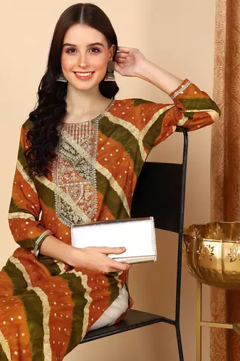 women mustard viscose rayon leheriya embroidered straight kurta
