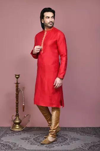 Red woven cotton silk kurta pajama