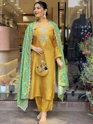 Mustard Embroidered Viscose Kurta, Pant and Dupatta Set 1