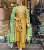 Mustard Embroidered Viscose Kurta, Pant and Dupatta Set