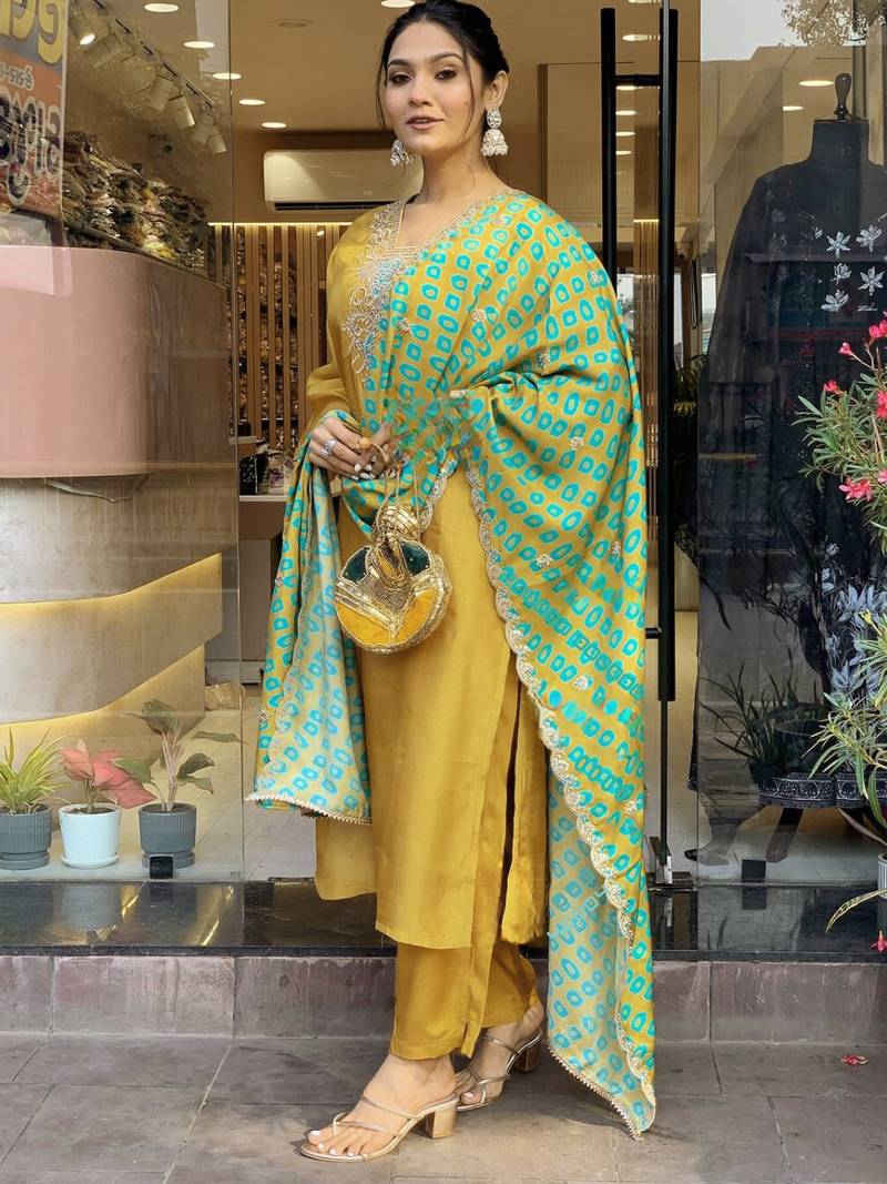 Mustard Embroidered Viscose Kurta, Pant and Dupatta Set
