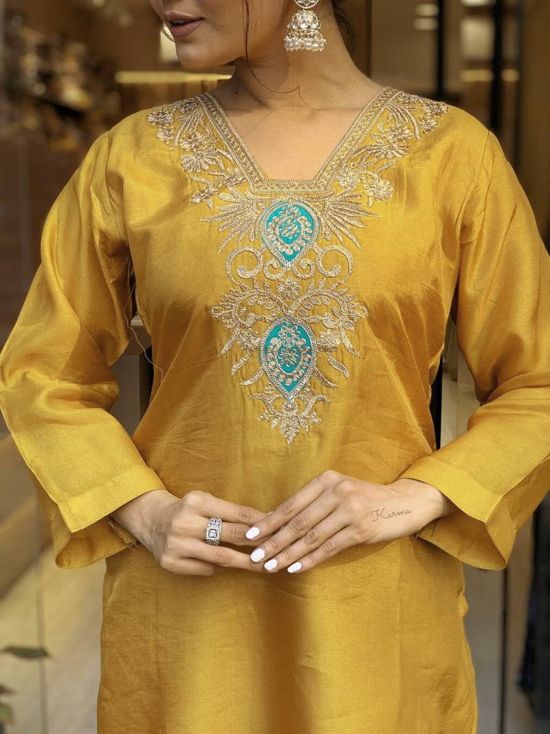 Mustard Embroidered Viscose Kurta, Pant and Dupatta Set