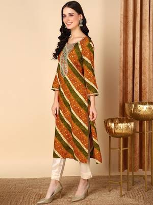 women mustard viscose rayon leheriya embroidered straight kurta 3