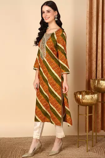 women mustard viscose rayon leheriya embroidered straight kurta