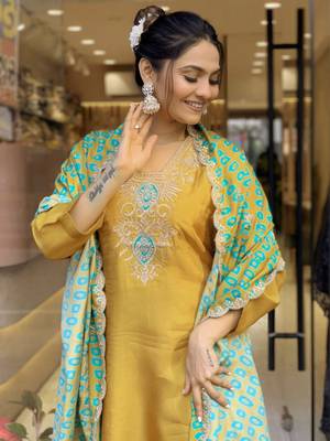 Mustard Embroidered Viscose Kurta, Pant and Dupatta Set 4