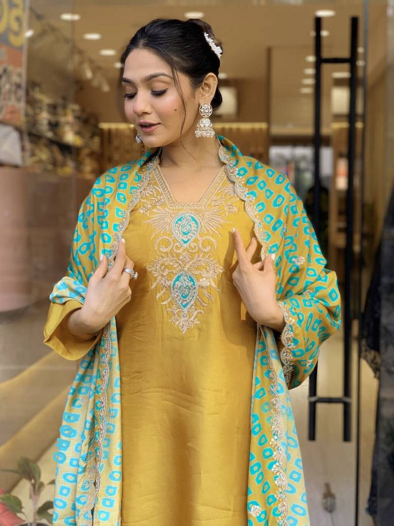 Mustard Embroidered Viscose Kurta, Pant and Dupatta Set