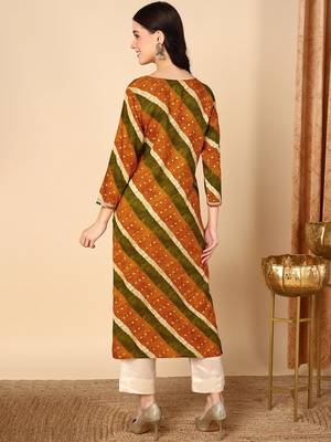 women mustard viscose rayon leheriya embroidered straight kurta 4