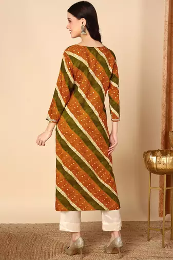 women mustard viscose rayon leheriya embroidered straight kurta