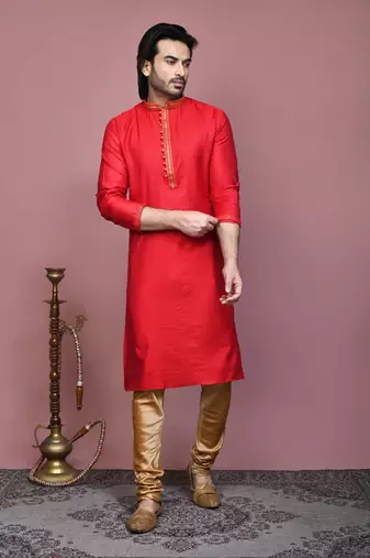Red woven cotton silk kurta pajama