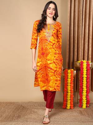 women orange viscose rayon tie & dye  embroidered straight kurta 1