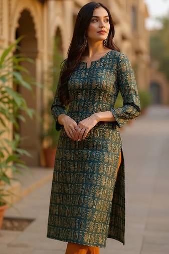 women green cotton paisley printed straight kurta