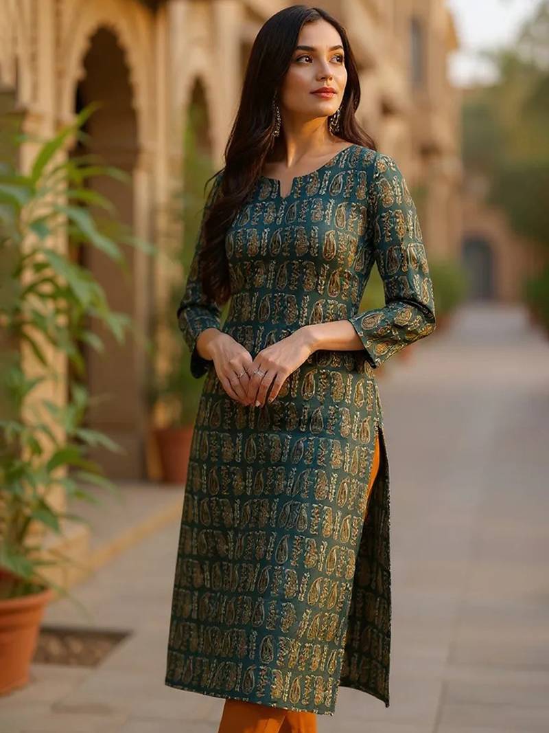 women green cotton paisley printed straight kurta