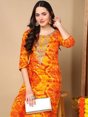 women orange viscose rayon tie & dye  embroidered straight kurta 2
