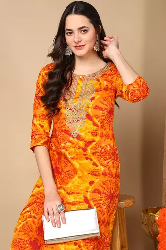 women orange viscose rayon tie & dye  embroidered straight kurta