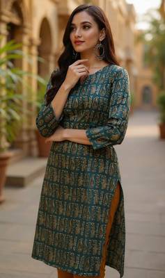 women green cotton paisley printed straight kurta 2