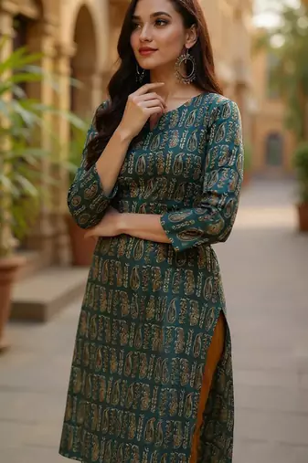 women green cotton paisley printed straight kurta