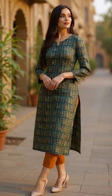 women green cotton paisley printed straight kurta 3