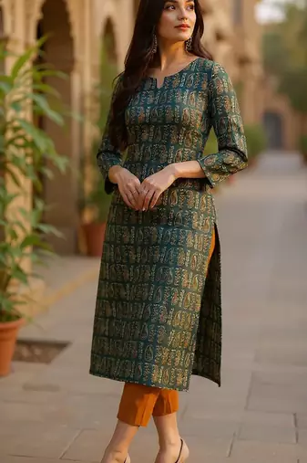 women green cotton paisley printed straight kurta