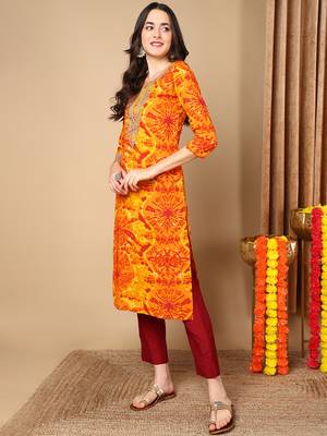 women orange viscose rayon tie & dye  embroidered straight kurta 3