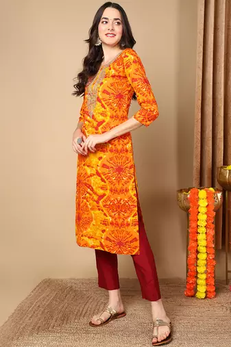 women orange viscose rayon tie & dye  embroidered straight kurta