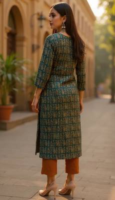 women green cotton paisley printed straight kurta 4