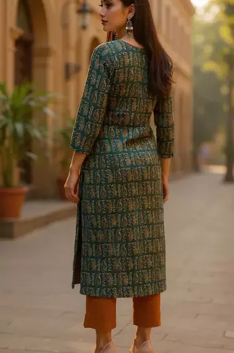 women green cotton paisley printed straight kurta