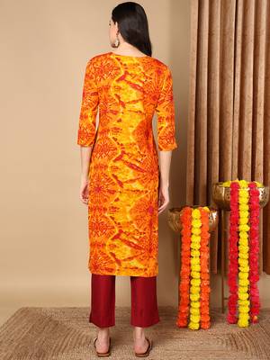 women orange viscose rayon tie & dye  embroidered straight kurta 4
