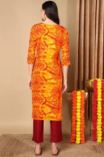 women orange viscose rayon tie & dye  embroidered straight kurta