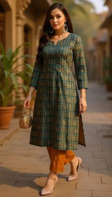 women green cotton paisley printed straight kurta 5