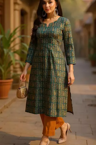 women green cotton paisley printed straight kurta