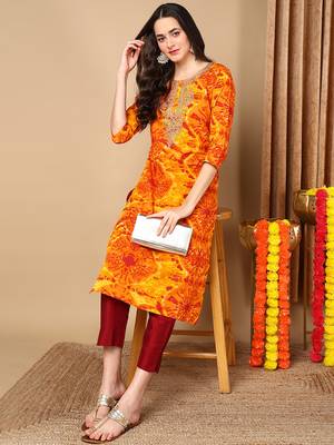 women orange viscose rayon tie & dye  embroidered straight kurta 5