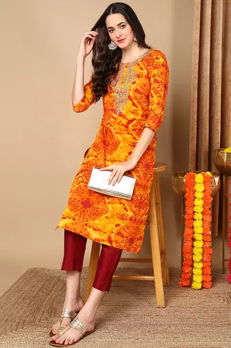women orange viscose rayon tie & dye  embroidered straight kurta