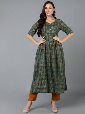 women green cotton paisley printed a-line kurta 1
