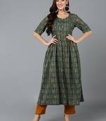 women green cotton paisley printed a-line kurta