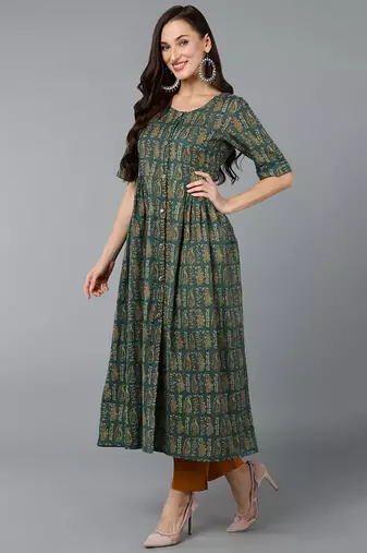 women green cotton paisley printed a-line kurta