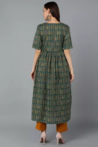 women green cotton paisley printed a-line kurta