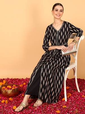 women black viscose rayon ethnic motifs printed a-line kurta 4