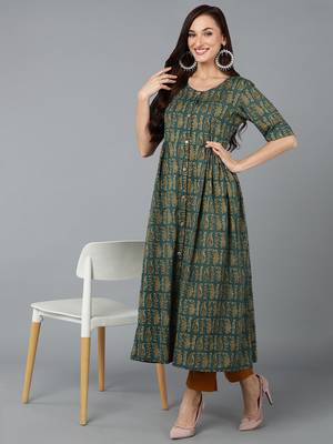 women green cotton paisley printed a-line kurta 5